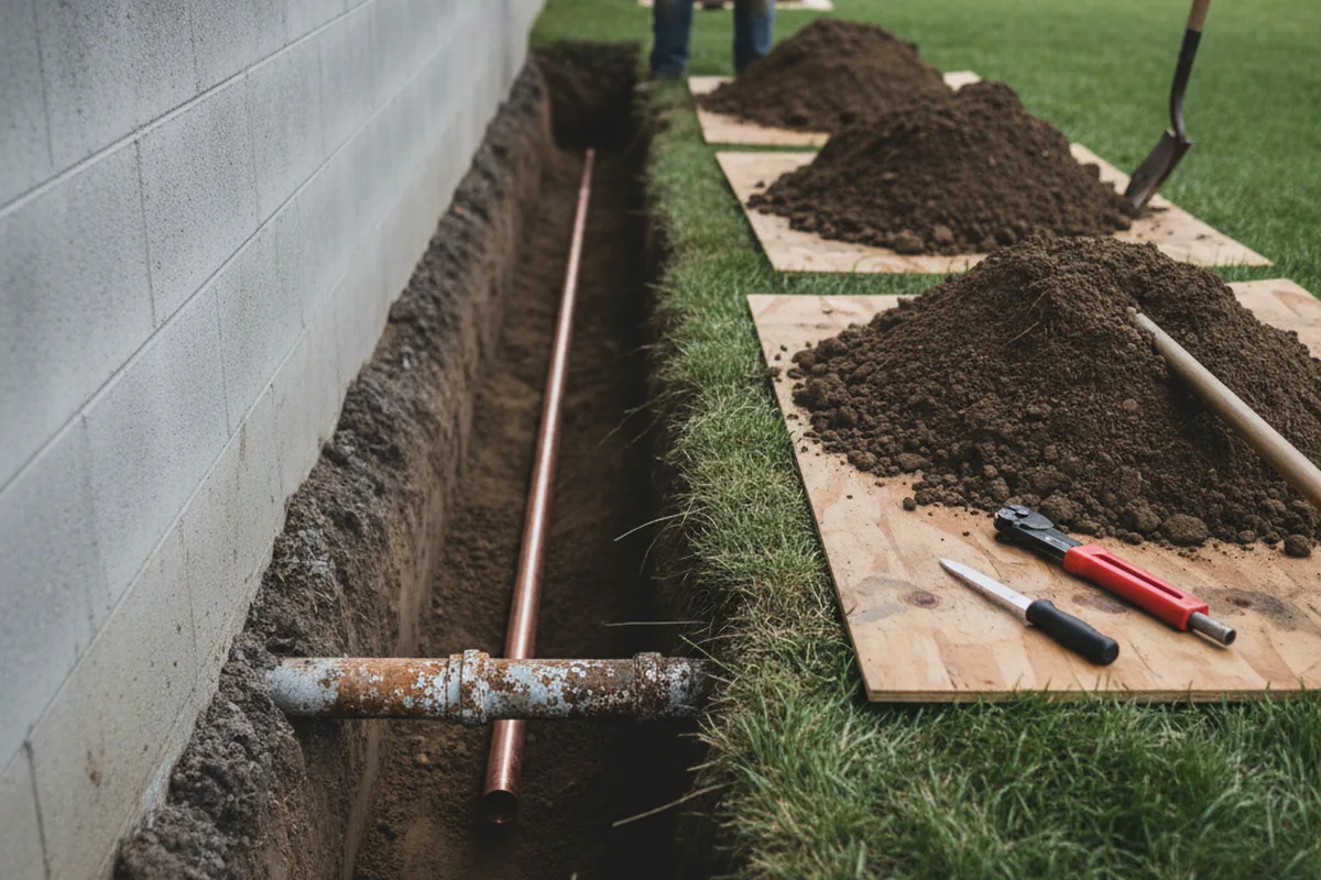 Excavated water line trench during Water Softener Installation in Fort Johnson